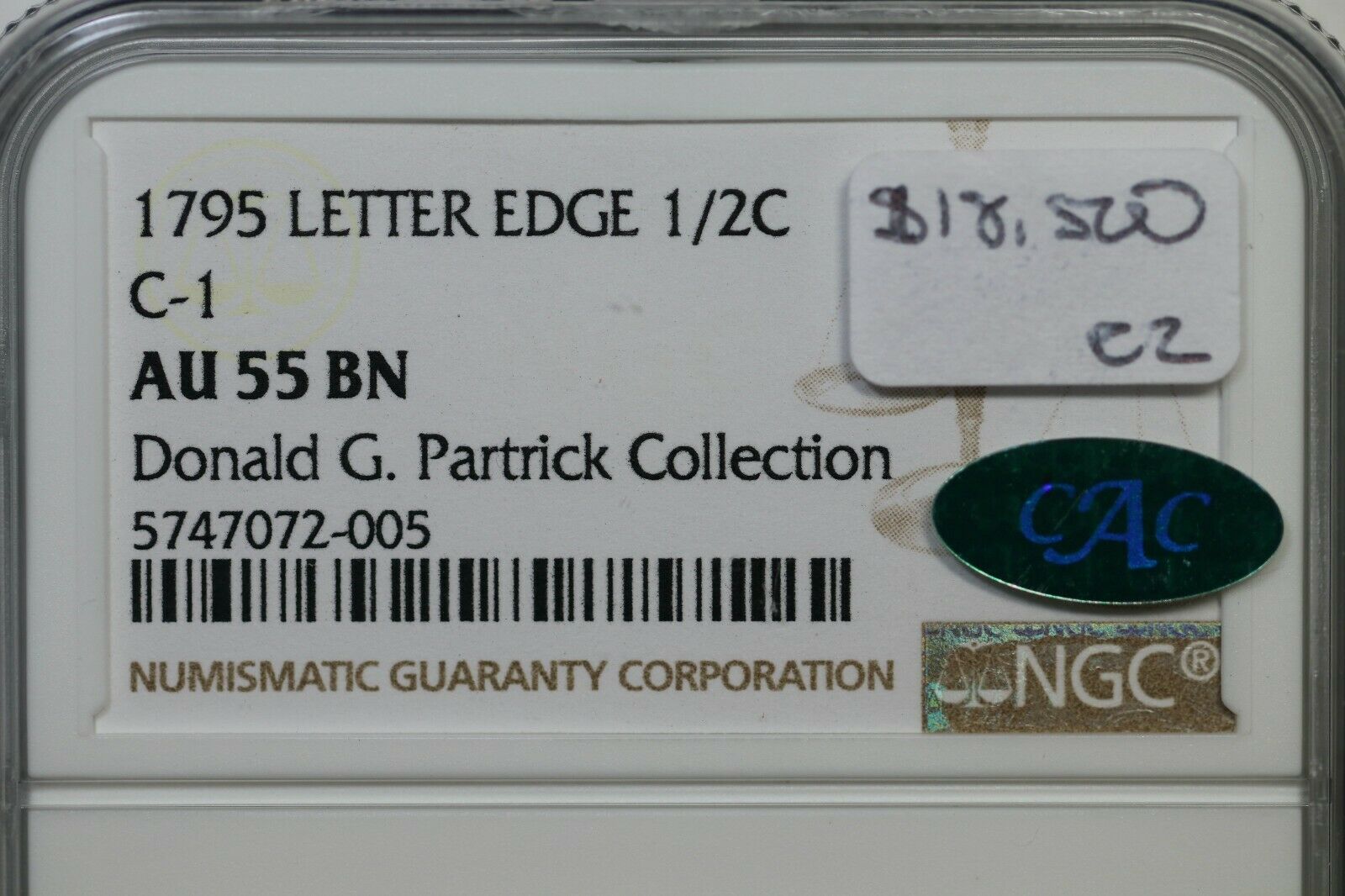 1795 C-1 R-2 NGC AU 55 CAC Liberty Cap Half Cent Coin 1/2c - Fresh Stock Dated October 2025