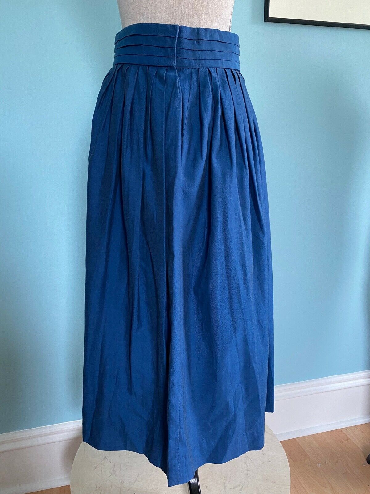 1980s Perry Ellis Midnight Blue High Waisted & Softly Pleated Cotton Skirt Sz 6 - Fresh Stock Dated October 2025