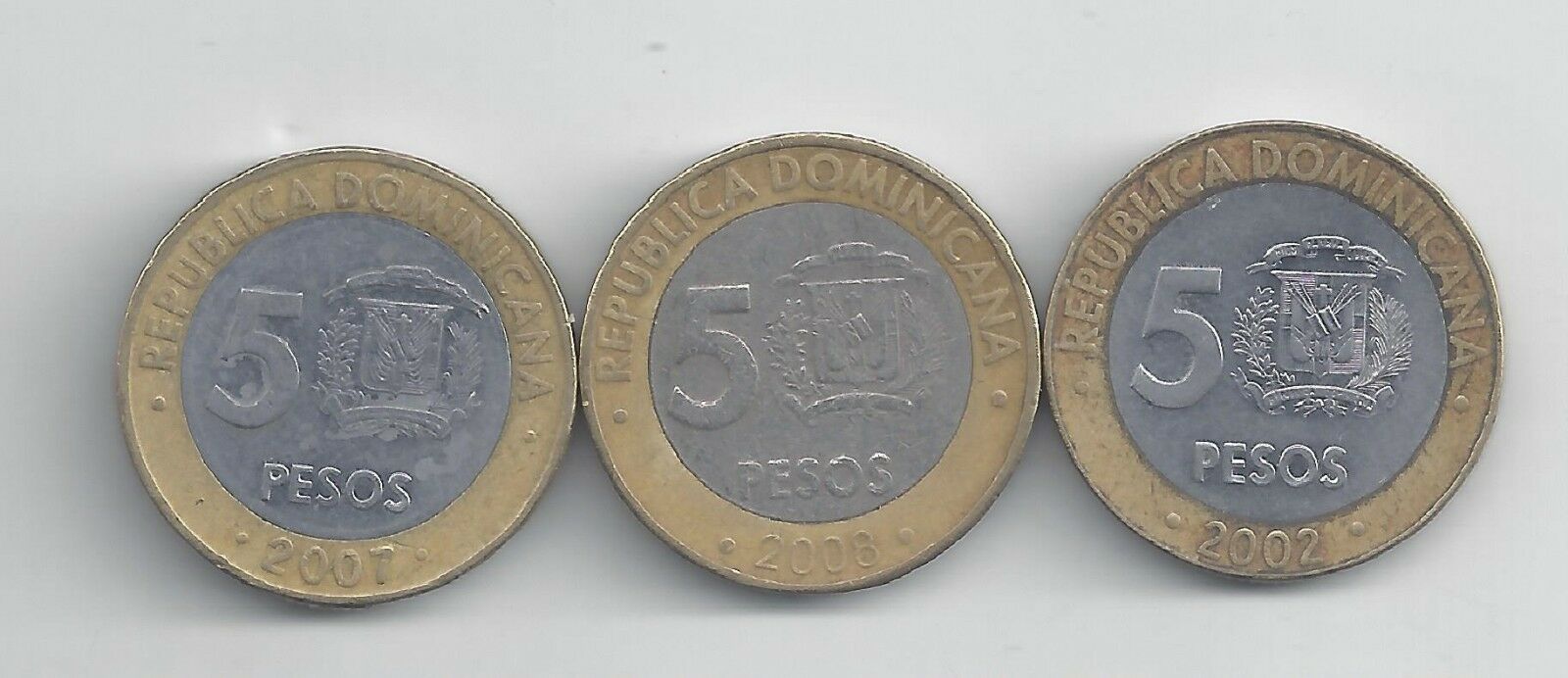 3 BI-METAL 5 PESO COINS from the DOMINICAN REPUBLIC (2002, 2007 & 2008) - Fresh Stock Dated October 2025
