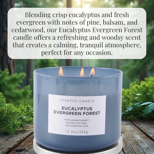 Eucalyptus Evergreen Forest Luxury 3 Wick Winter Pine Candle | Mens Candles, Scented Candles for Home | Aromatherapy Stress Relief Soy Candles 15.8 oz | Balsam Fir Woods Candles for Men & Women