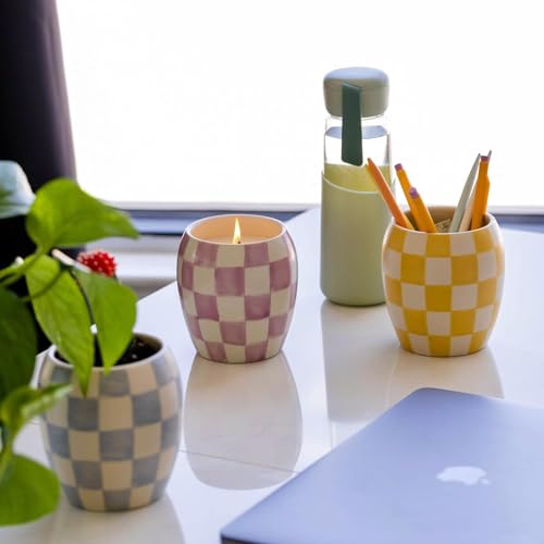 Paddywax Scented Candles Checkmate Artisan Candle in Reusable Checkerboard Patterned Porcelain Vessel, 311g, Lavender Mimosa