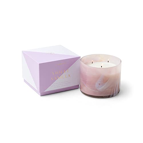 Paddywax Scented Candles Whirl Collection Fragrant Soy Wax 3-Wick Candle in Swirled Blown Glass, 14-Ounce, Violet Vanilla