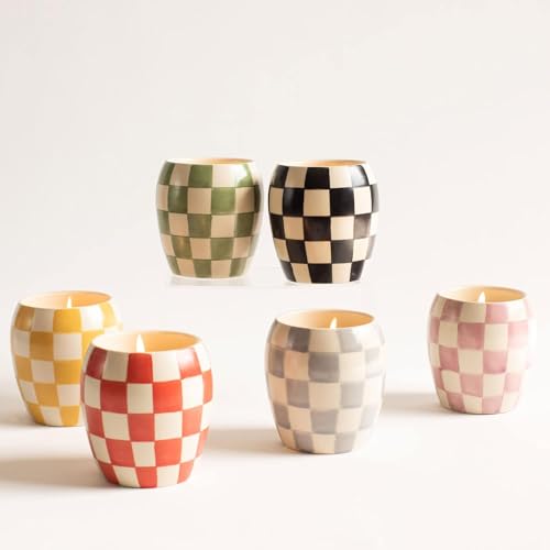 Paddywax Scented Candles Checkmate Artisan Candle in Reusable Checkerboard Patterned Porcelain Vessel, 311g, Lavender Mimosa