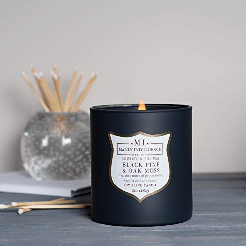 Manly Indulgence Black Pine Oakmoss Scented Jar Candle, Wood Wick, Premium Soy Blend White Wax, 60 hr Burn, Matte Dark Gray Jar Candle for Home and Men, 15 oz - USA Poured