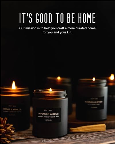 Craft & Kin Premium Lavender Woods Candle | Black Scented Candles for Men | Long Lasting with 45 Hour Burn Time, 7.6oz | Made with Soy | Aromatherapy at Home | Gifts for Men