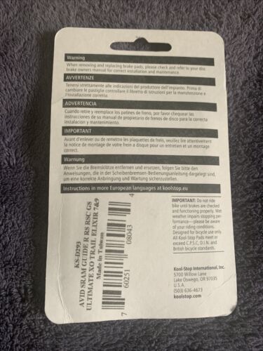Kool-Stop Disc Brake Pad Fits SRAM Guide Avid SRAM XO Trail Hi-Performance New - Fresh Stock Dated October 2025