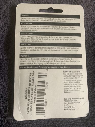 Kool-Stop Disc Brake Pad Fits SRAM Guide Avid SRAM XO Trail Hi-Performance New - Fresh Stock Dated October 2025