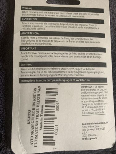 Kool-Stop Disc Brake Pad Fits SRAM Guide Avid SRAM XO Trail Hi-Performance New - Fresh Stock Dated October 2025