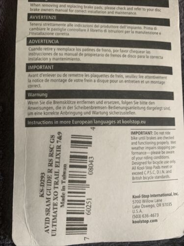 Kool-Stop Disc Brake Pad Fits SRAM Guide Avid SRAM XO Trail Hi-Performance New - Fresh Stock Dated October 2025