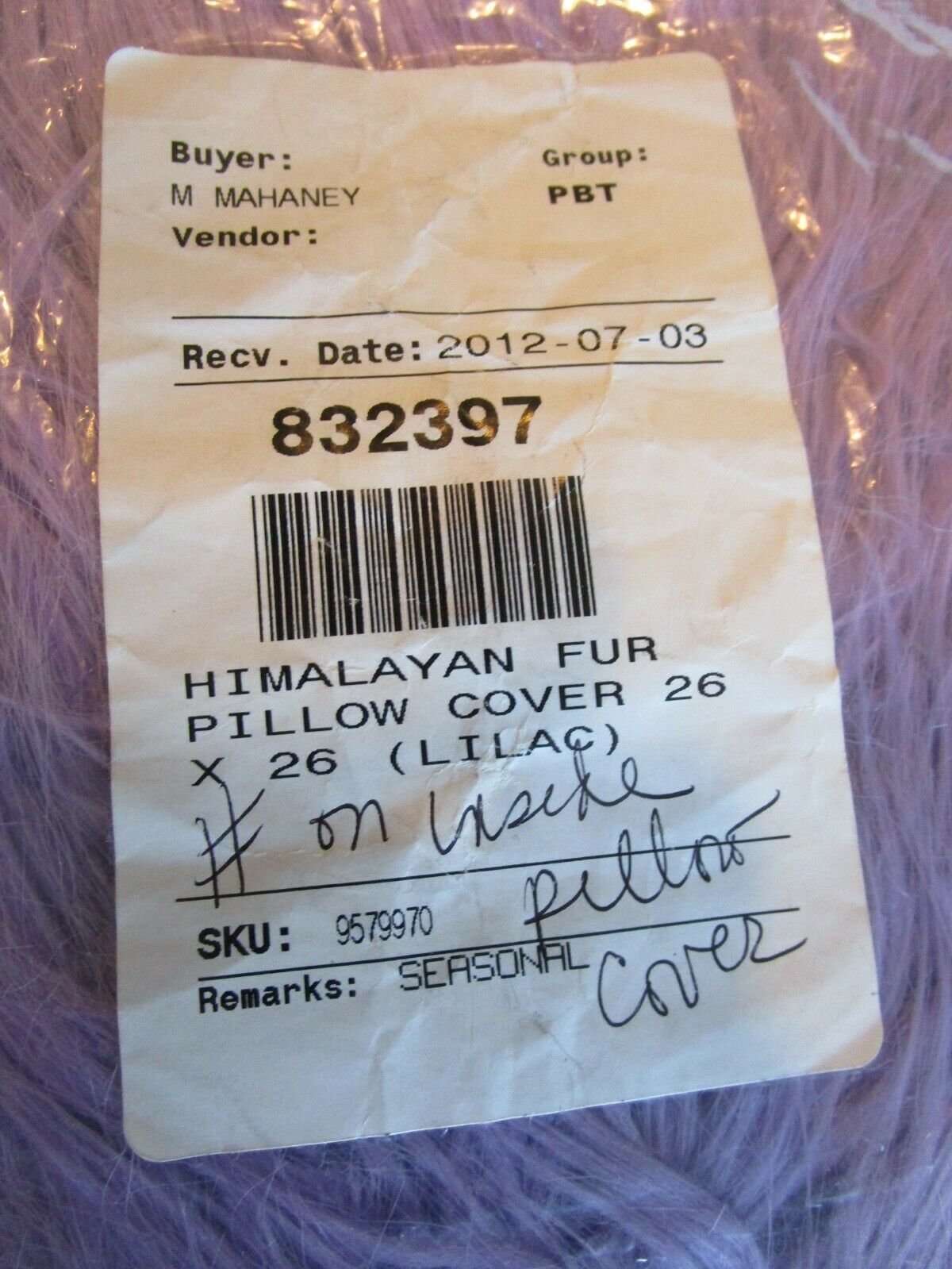 Pottery Barn Teen Himalayan faux fur  lilac Pillow cover 26 photo shoot sample - Fresh Stock Dated October 2025