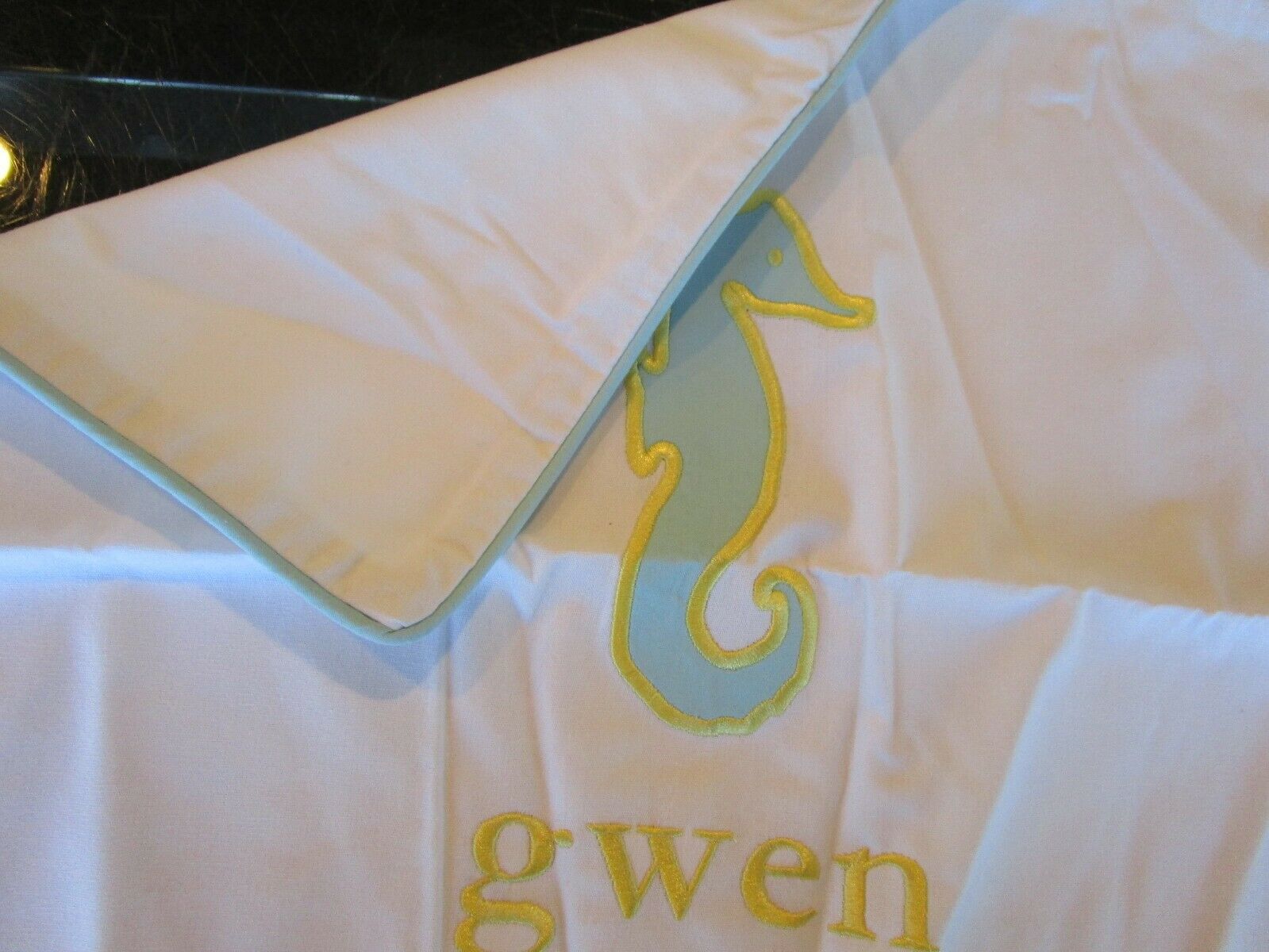 Pottery Barn Kids Seahorse monogrammed Gwen pillow cover 16 photo shoot sample - Fresh Stock Dated October 2025