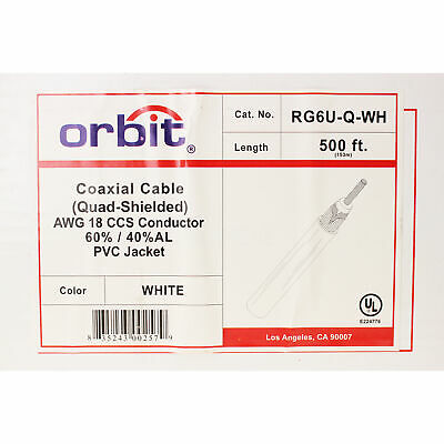 ORBIT RG6U-Q-WH QUAD SHIELD RG6U COAXIAL CABLE, 1GHZ, RG-6 COAX, WHITE, 500-FEET - Fresh Stock Dated October 2025