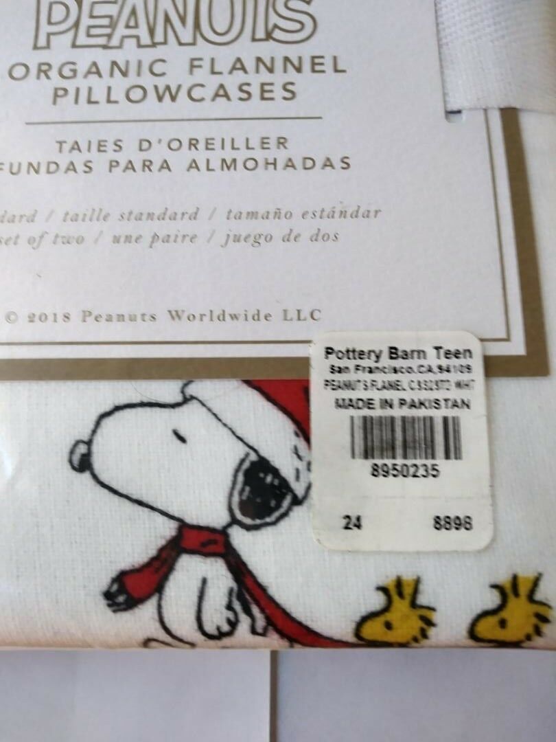 Pottery Barn SET 2 ORGANIC Snoopy Peanuts pillowcase dog Holiday Christmas GIFT - Fresh Stock Dated October 2025