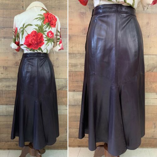 Vintage Purple Soft Leather High Waisted Fluted Skirt - Fresh Stock Dated October 2025