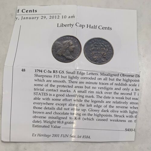 1794 Liberty Cap Half Cent C3a Small Edge Letters R5 G5 - F+ Details Lt Corosion - Fresh Stock Dated October 2025