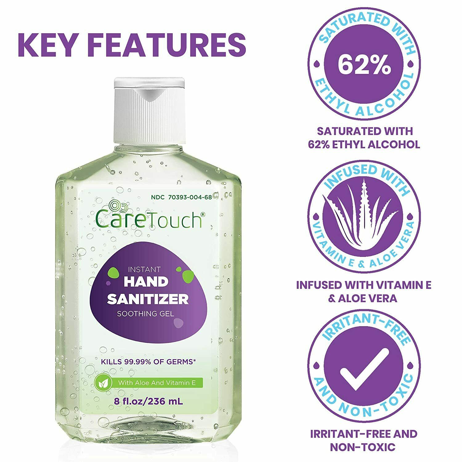 Care Touch Instant Hand Sanitizer Gel with Vitamin E and Aloe Vera, 12-Pack 8oz - Fresh Stock Dated October 2025