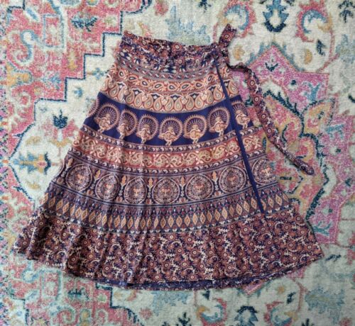 vintage 70s india cotton wrap maxi skirt block print bohemian boho peacocks - Fresh Stock Dated October 2025