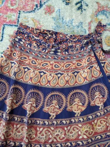 vintage 70s india cotton wrap maxi skirt block print bohemian boho peacocks - Fresh Stock Dated October 2025