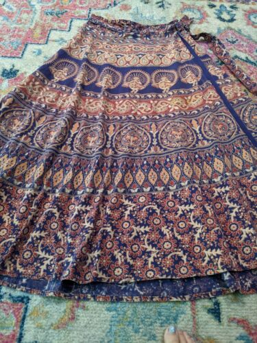 vintage 70s india cotton wrap maxi skirt block print bohemian boho peacocks - Fresh Stock Dated October 2025