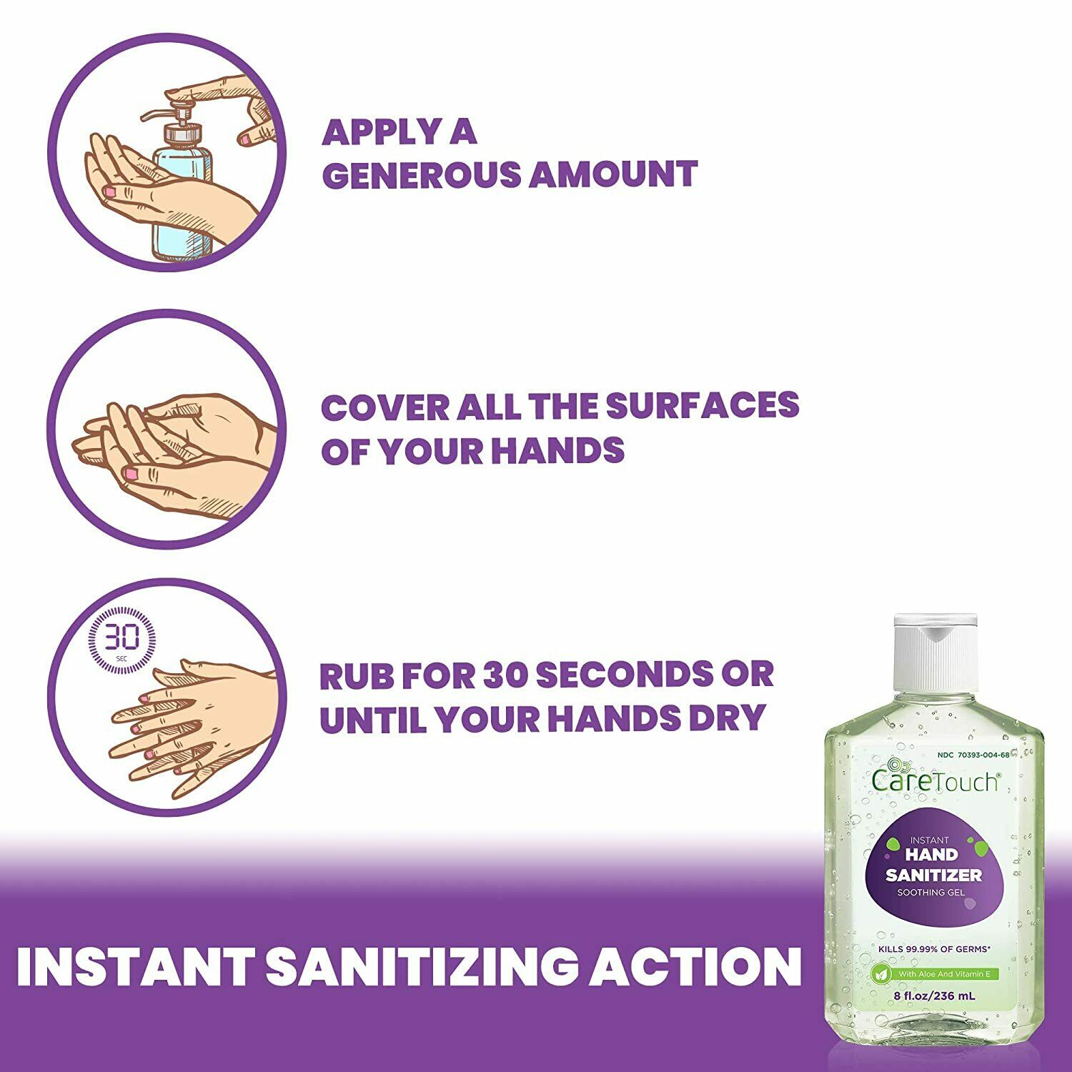 Care Touch Instant Hand Sanitizer Gel with Vitamin E and Aloe Vera, 12-Pack 8oz - Fresh Stock Dated October 2025