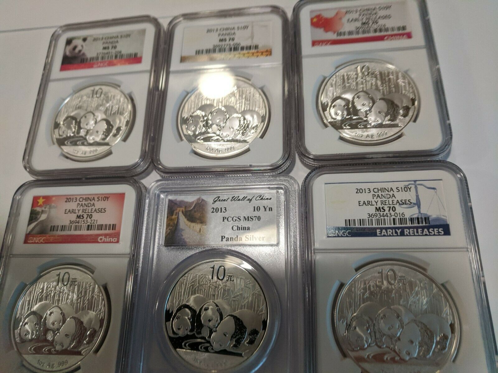 2013 - (20) 1 oz. Silver Coins  China Panda Set  Cert. MS70  All Six Variations. - Fresh Stock Dated October 2025