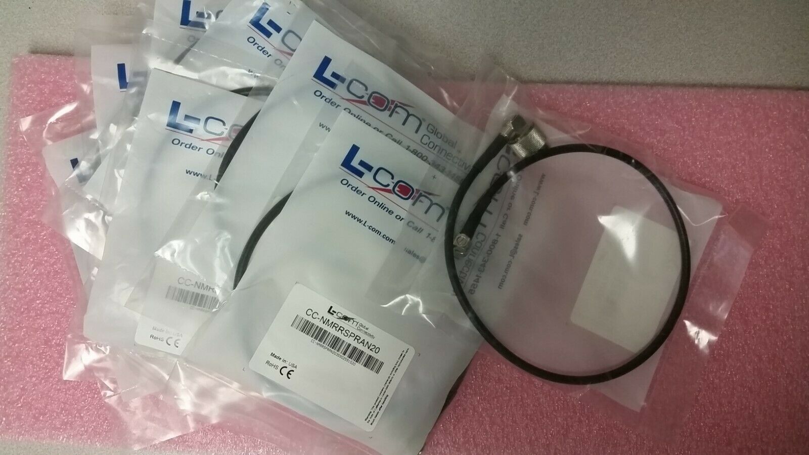 L-Com Coax patch cable: R/A Type-N Male to R/A RP-SMA;  20 in - Fresh Stock Dated October 2025