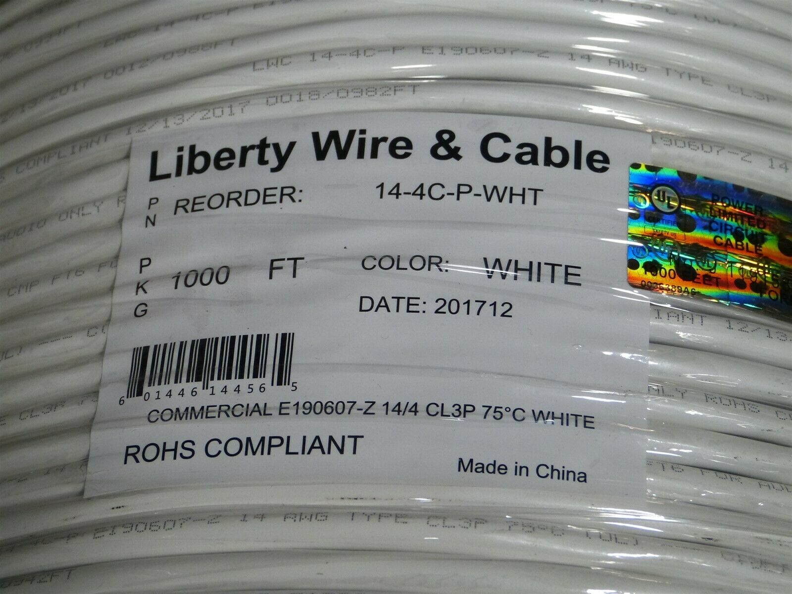 Liberty Wire & Cable 14-4C-P-WHT (1000') Commercial Grade 14 AWG 4 Plenum Cable - Fresh Stock Dated October 2025