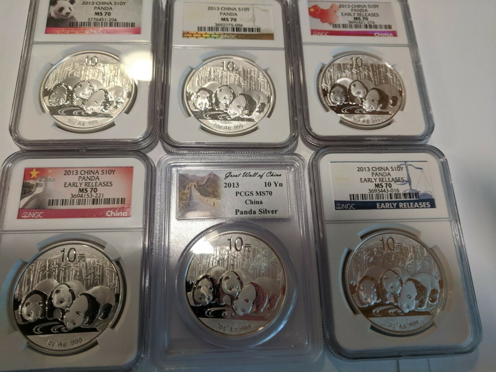 2013 - (20) 1 oz. Silver Coins  China Panda Set  Cert. MS70  All Six Variations. - Fresh Stock Dated October 2025