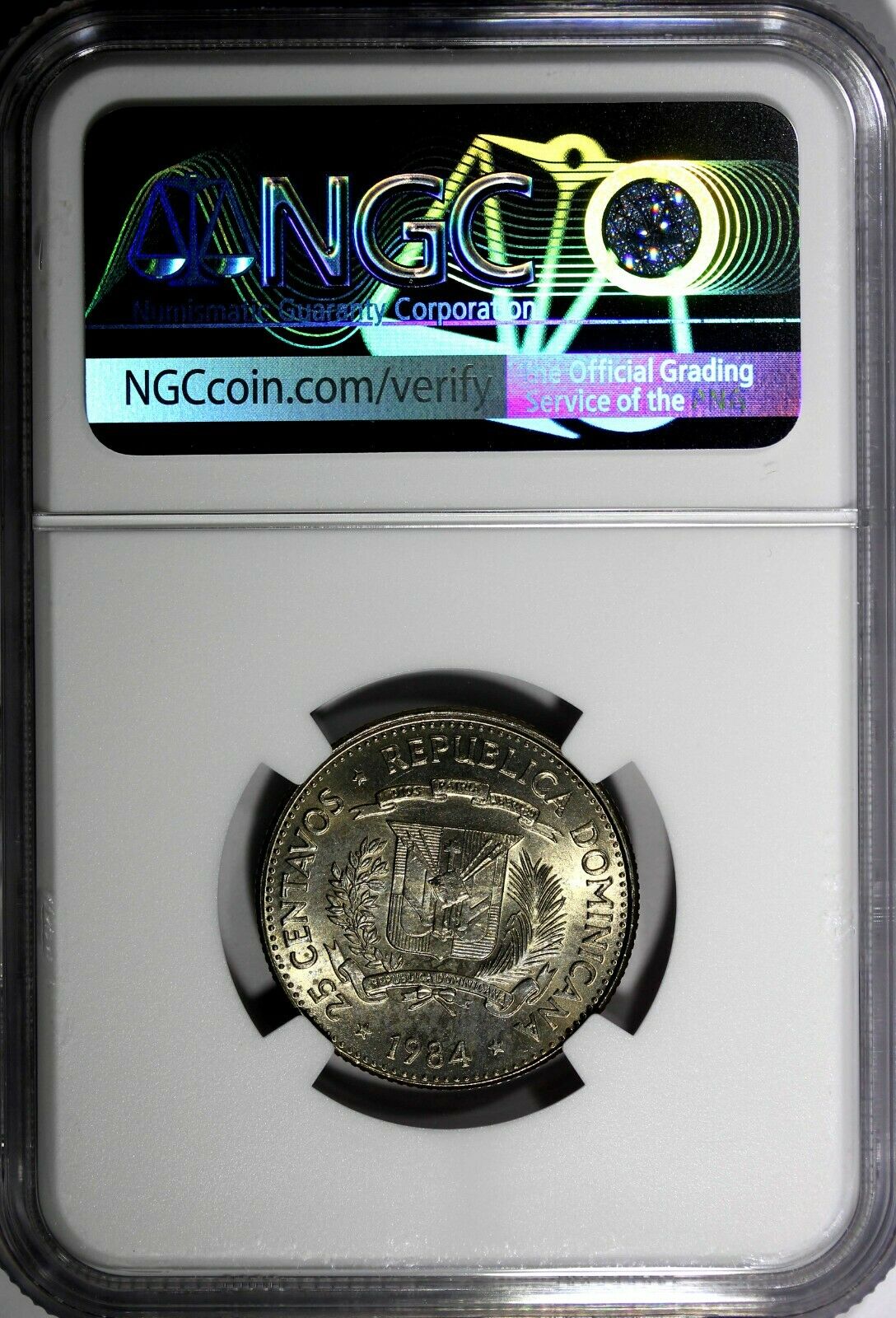 DOMINICAN REPUBLIC 1984 25 Centavos NGC MS64 Mirabal Sisters Toned KM# 61.1 (53) - Fresh Stock Dated October 2025