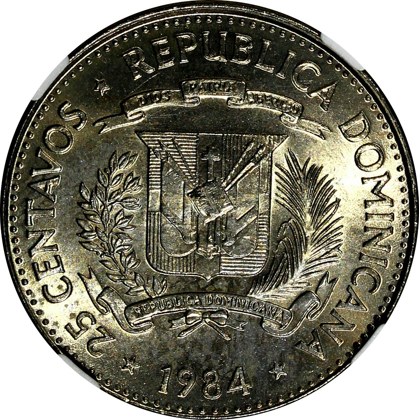 DOMINICAN REPUBLIC 1984 25 Centavos NGC MS64 Mirabal Sisters Toned KM# 61.1 (53) - Fresh Stock Dated October 2025