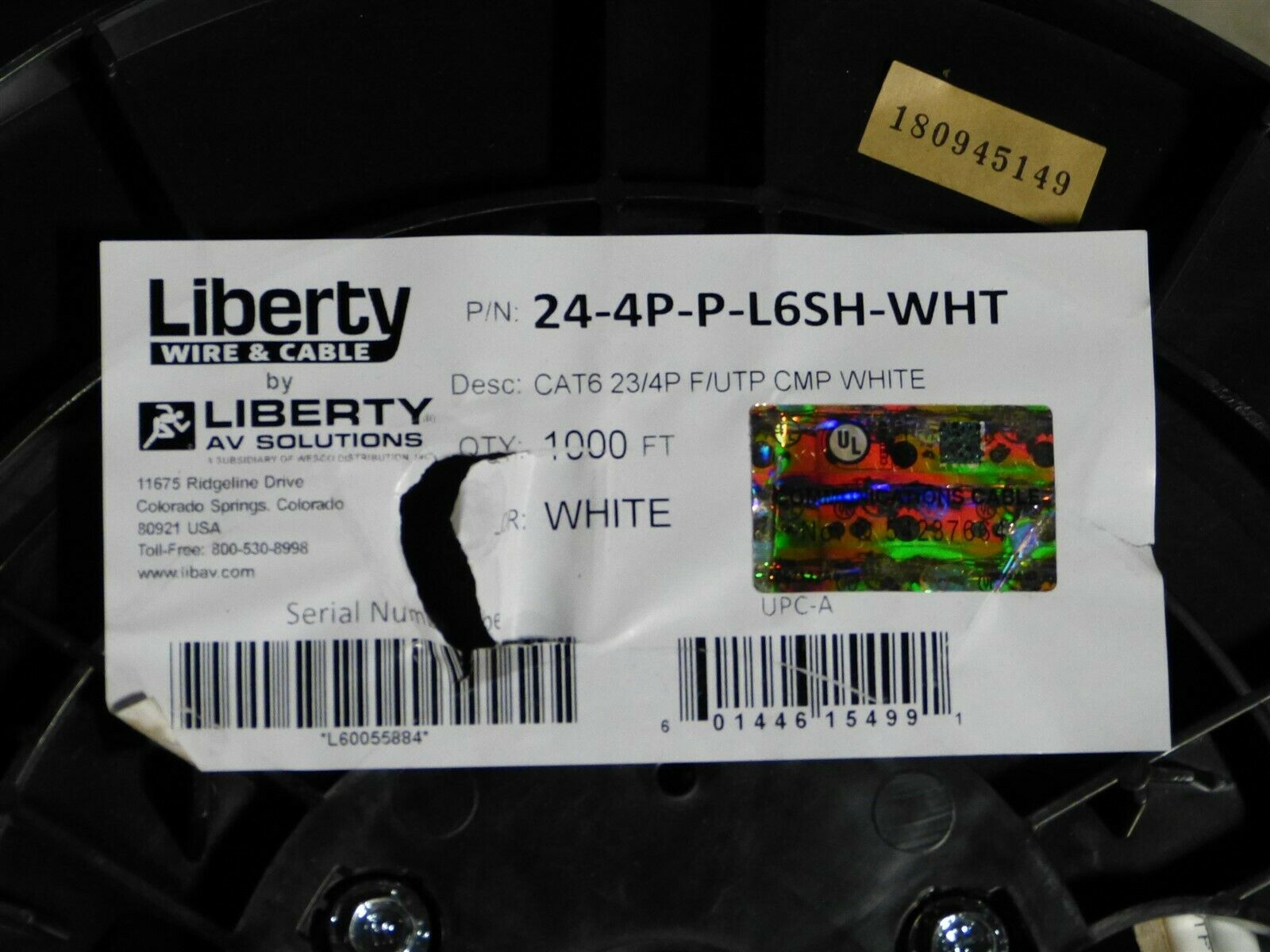 Liberty Wire 24-4P-P-L6SH-WHT (1000') 6 F/UTP 23 AWG 4 Pair Shielded Cable - Fresh Stock Dated October 2025