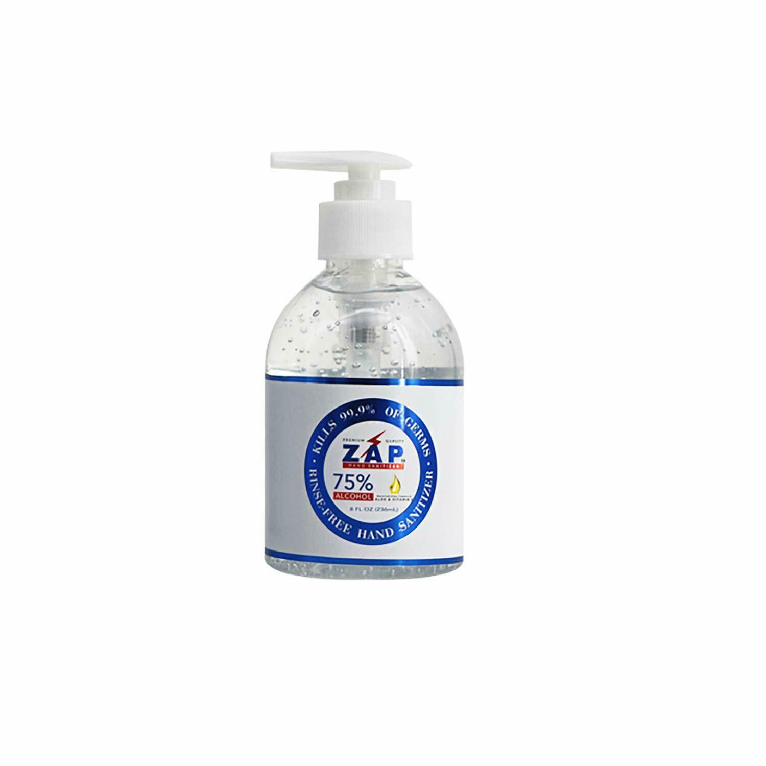 ZAP Hand Sanitizer Gel 75% Ethyl Alcohol 8 OZ Pump Bottle With Aloe & Vitamin E - Fresh Stock Dated October 2025