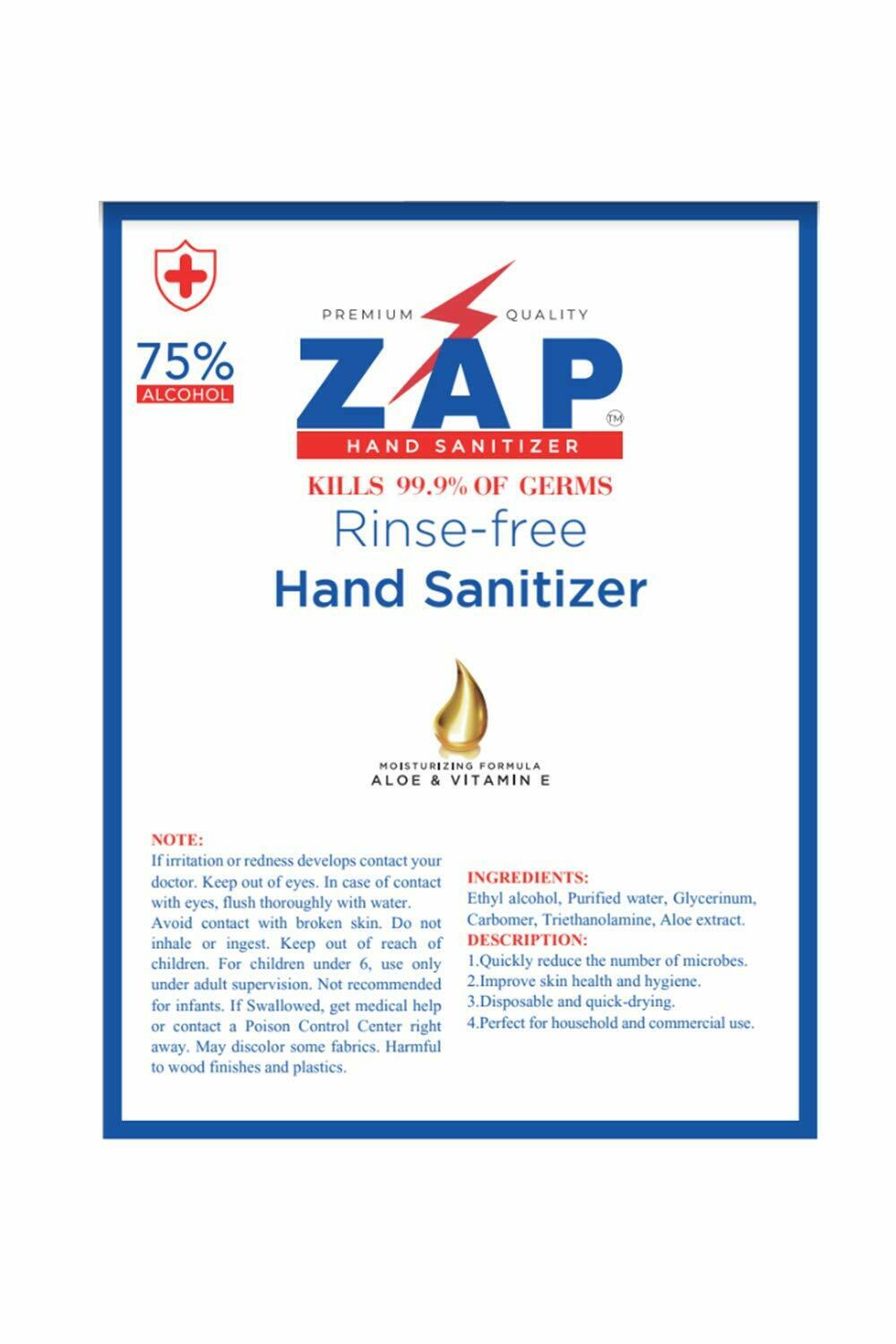 ZAP Hand Sanitizer Gel 75% Ethyl Alcohol 8 OZ Pump Bottle With Aloe & Vitamin E - Fresh Stock Dated October 2025