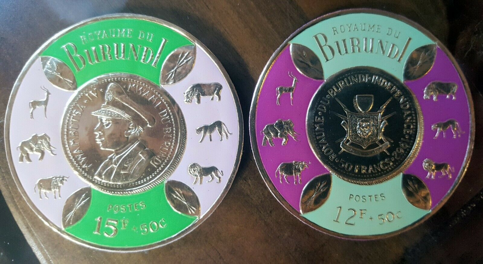 Burundi 8 Gold Foil Embossed Coin Stamp Set. King Mwambutsa IV Coat of Arms - Fresh Stock Dated October 2025