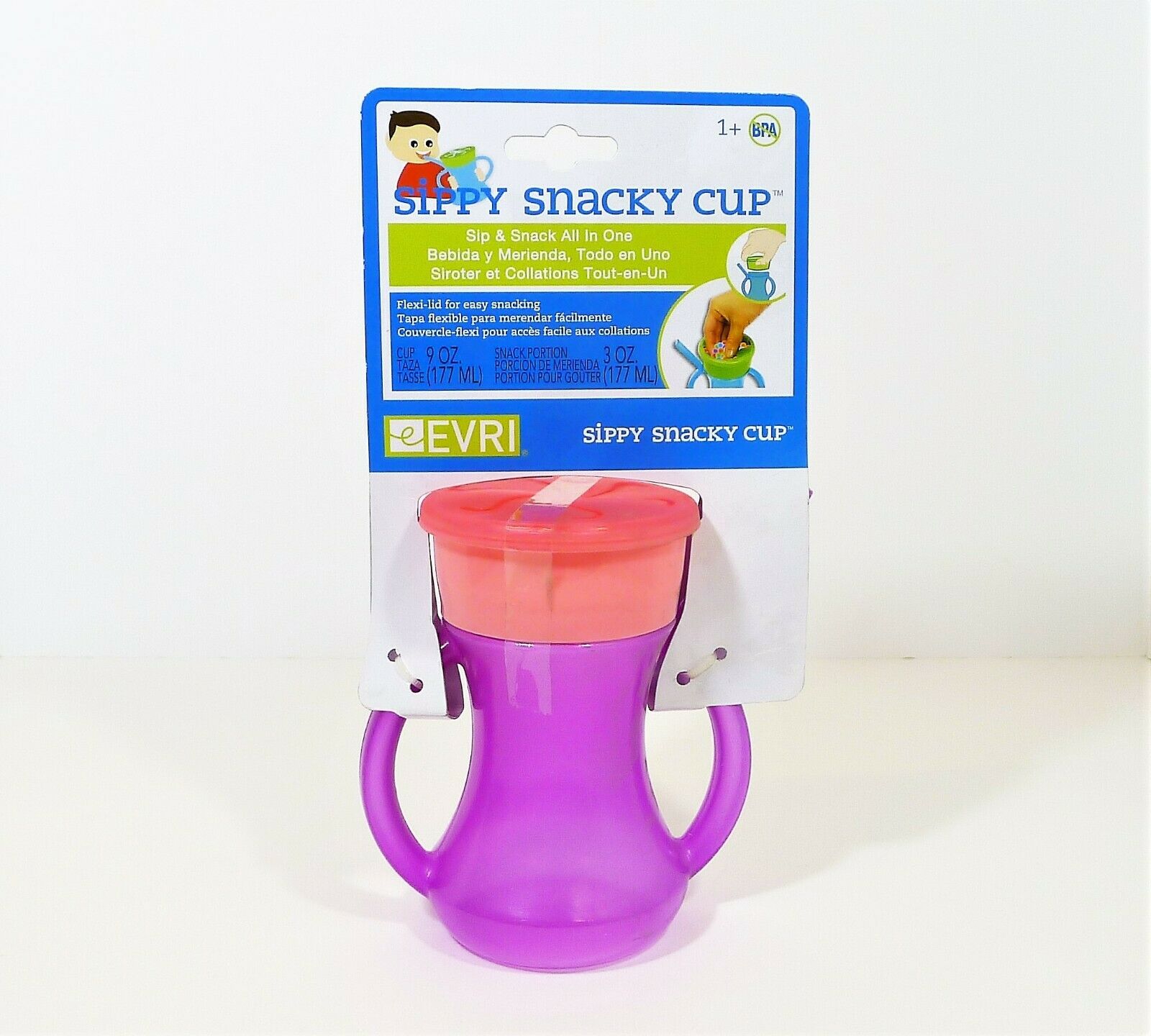 Set of 4 Evri Purple and Pink Sippy Snacky Cup Built in Straw with Handles -NEW - Fresh Stock Dated October 2025