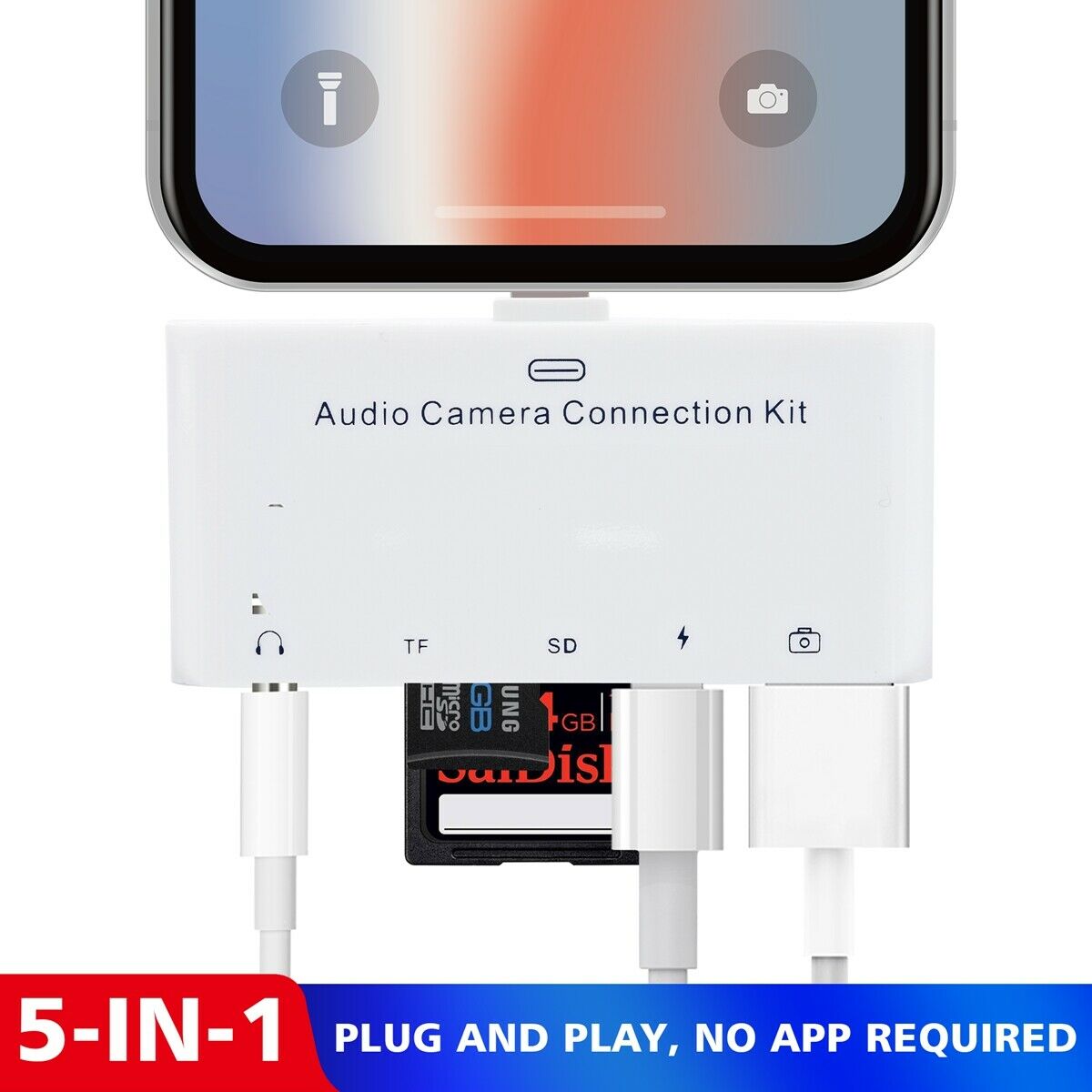 5-IN-1 Adapter Lightning Port to 5 ports Hub to Charge, Listen, Extended Storage - Fresh Stock Dated October 2025