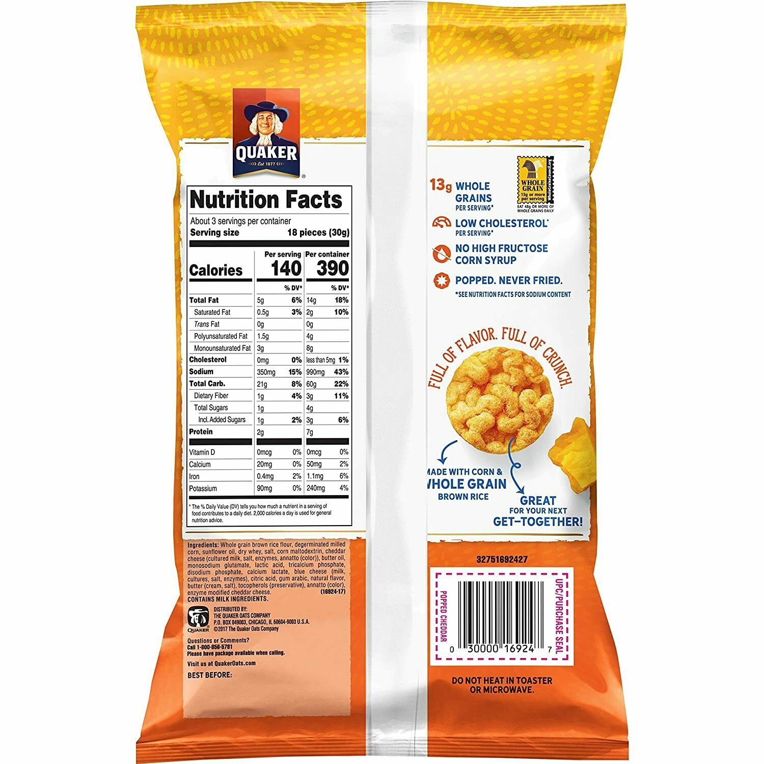 3 Pack Quaker Cheddar Rice Crisps ~ 3.03 oz ~ Best Before: Feb 2021 - Fresh Stock Dated October 2025
