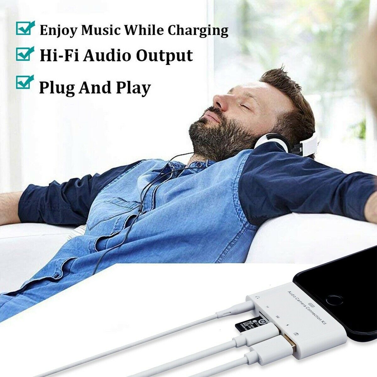 5-IN-1 Adapter Lightning Port to 5 ports Hub to Charge, Listen, Extended Storage - Fresh Stock Dated October 2025