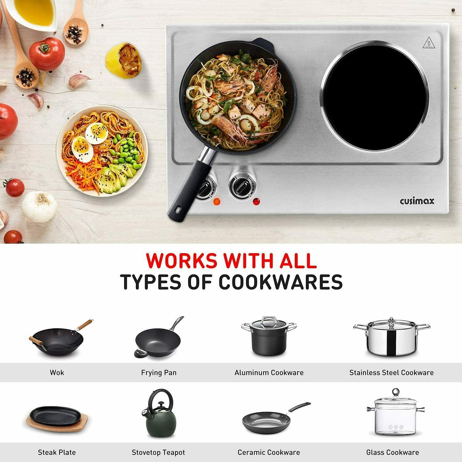 Cusimax Hot Plate, 1800W Ceramic Electric Double Burner for Cooking, Infrared - Fresh Stock Dated October 2025