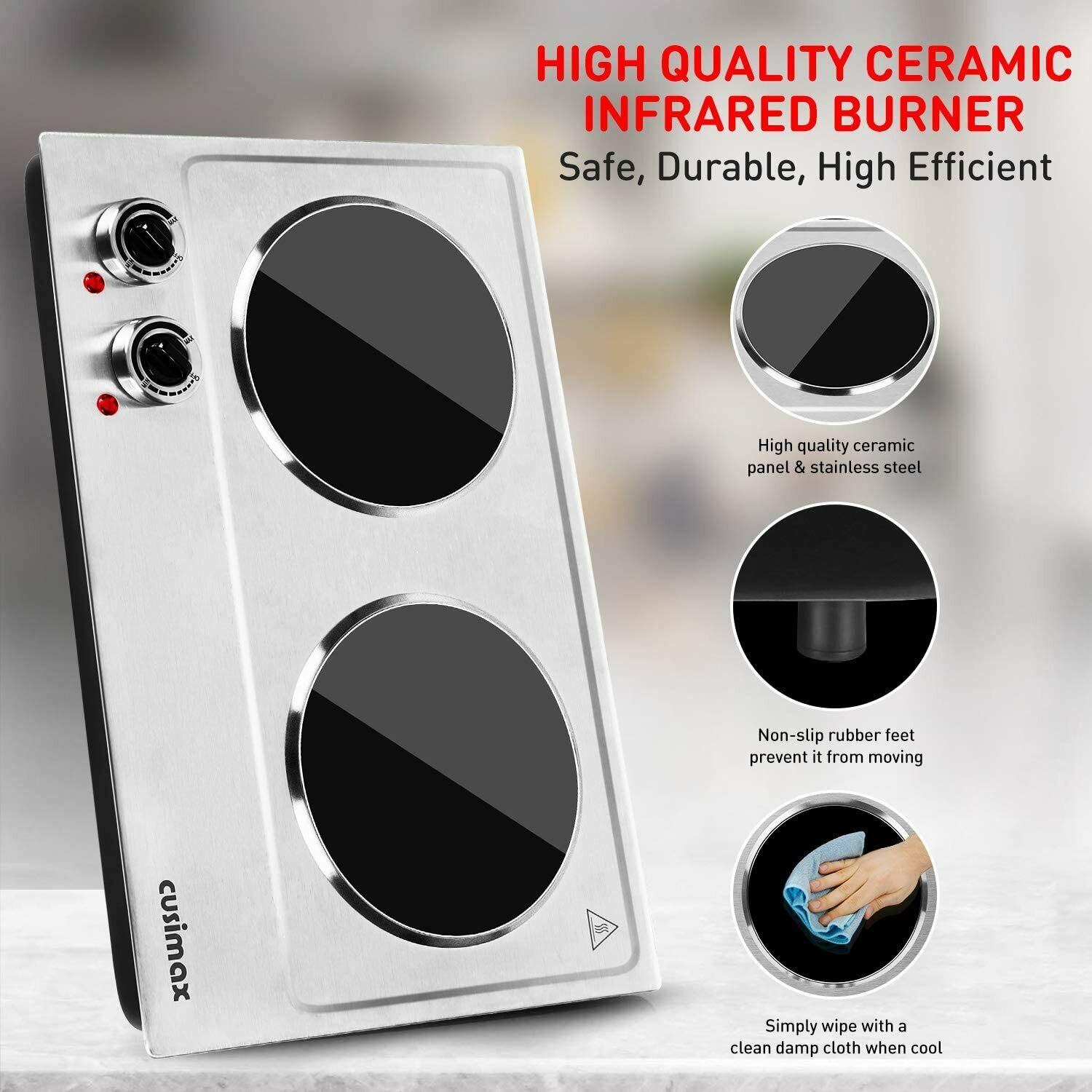Cusimax Hot Plate, 1800W Ceramic Electric Double Burner for Cooking, Infrared - Fresh Stock Dated October 2025