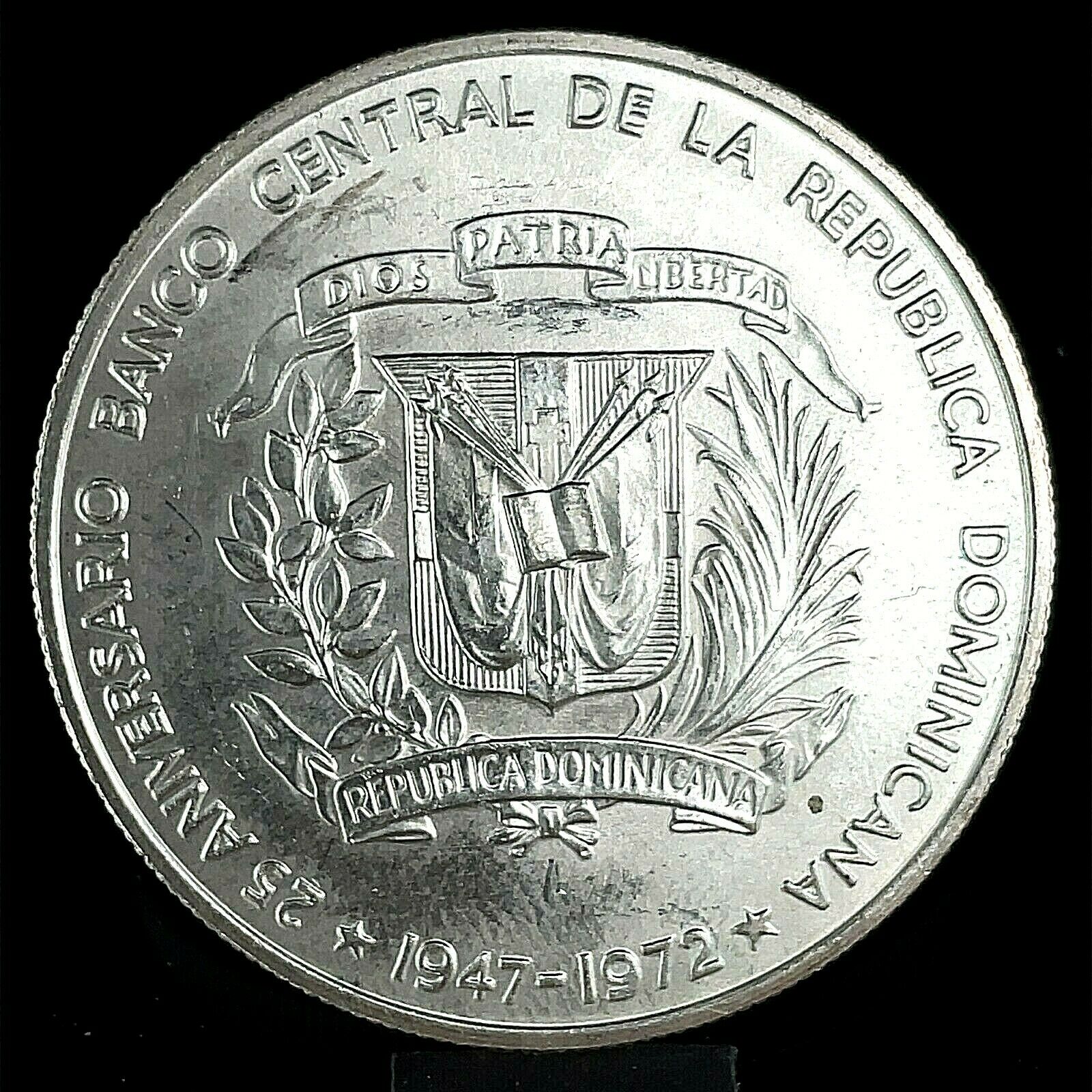 1972 DOMINICAN REPUBLIC SILVER 1 PESO CENTRAL BANK 25Th ANNIVERSARY Km#34 - Fresh Stock Dated October 2025